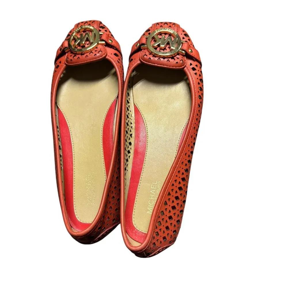 Michael Kors Orange Laser Cut Leather Ballet Flats With Gold MK Logo Womens Size